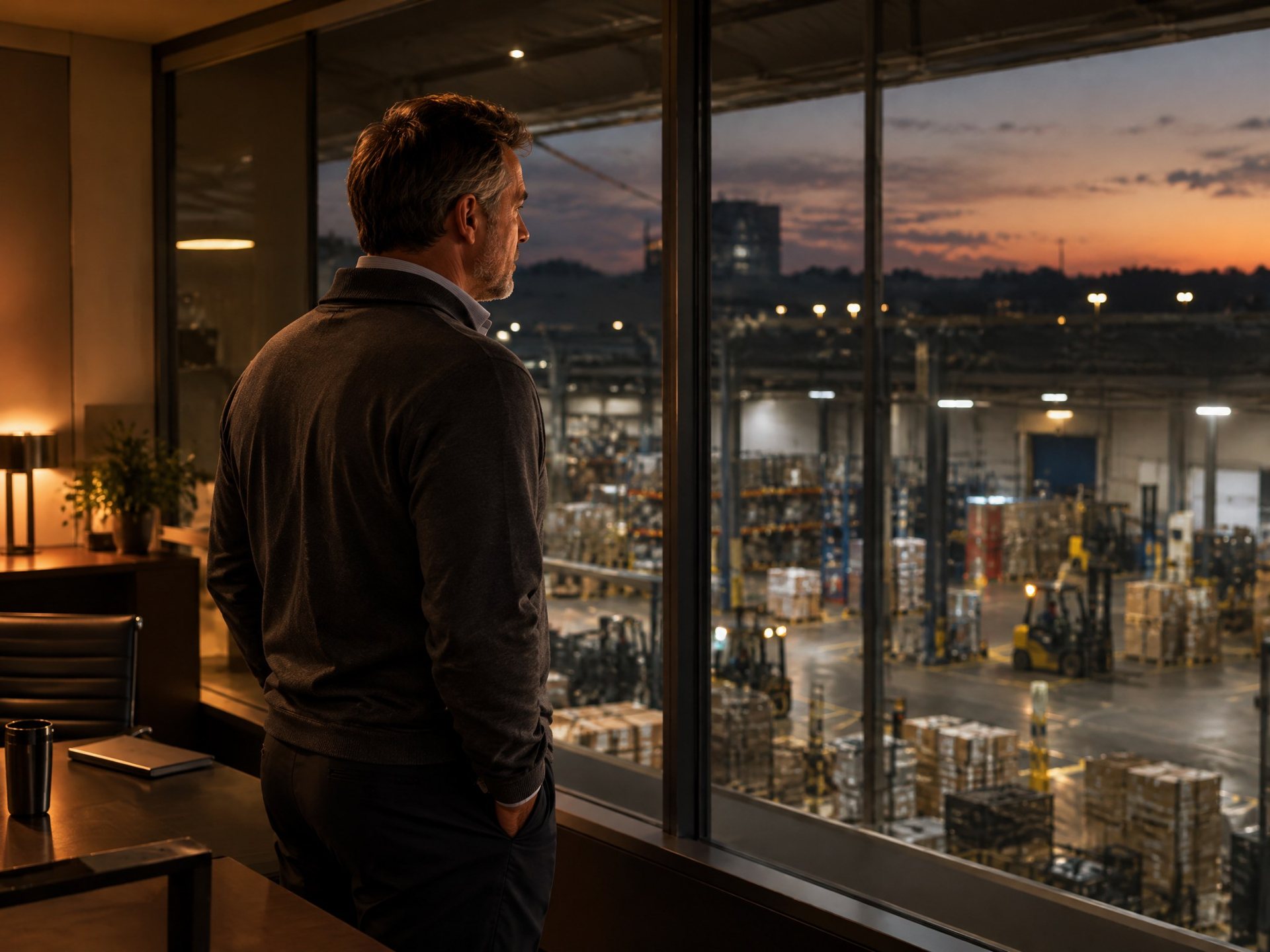 Business owner looking over his warehouse floor at dusk