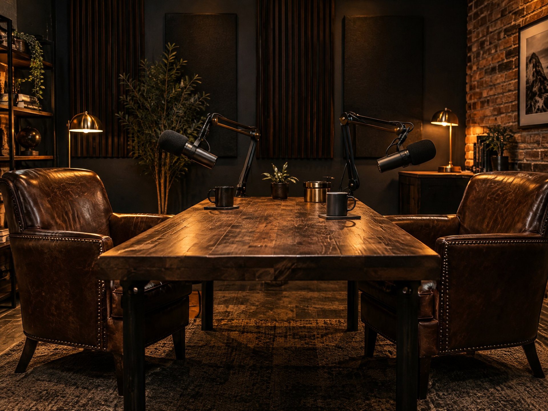 Two microphones on a wooden table in a warm podcast studio
